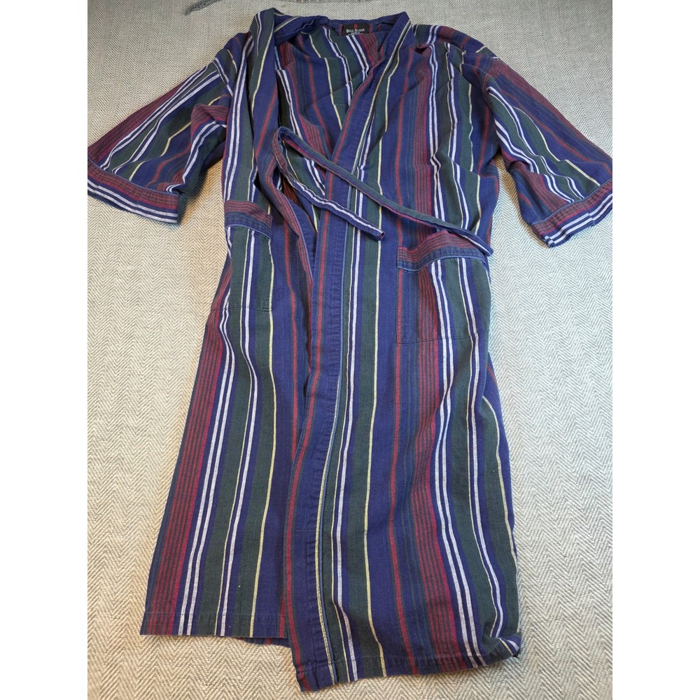 Bill Blass Menswear Vintage Striped Cotton Robe Navy Blue Red Green One Size